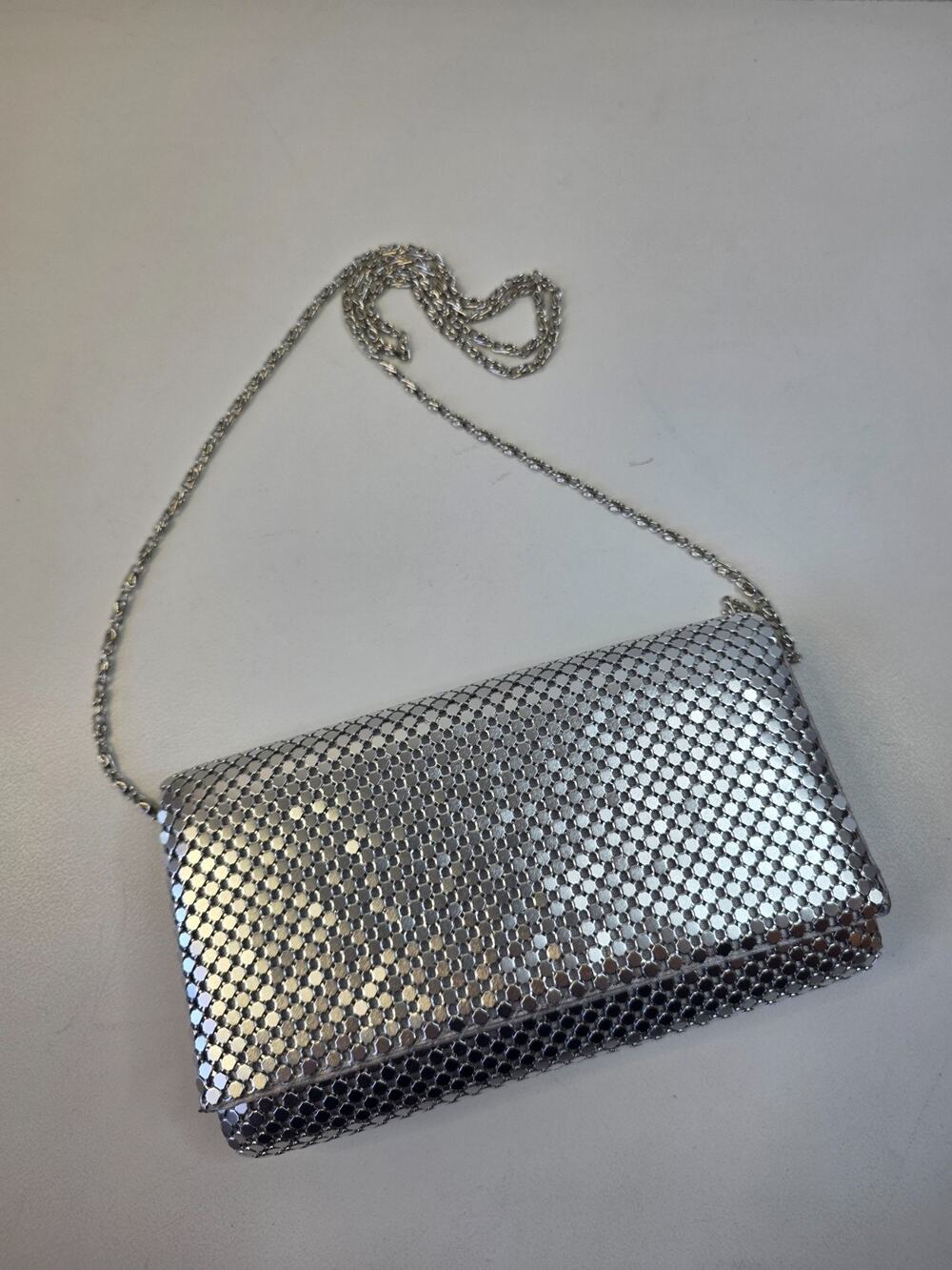Jessica McClintock Silver Mesh Evening Clutch w/ Adjustable Strap Elegant Purse